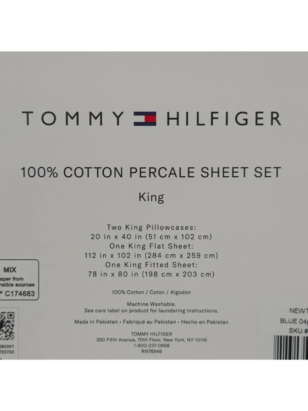 Tommy Hilfiger 100% Cotton Percale King Sheet Set Newton Plaid Blue & White